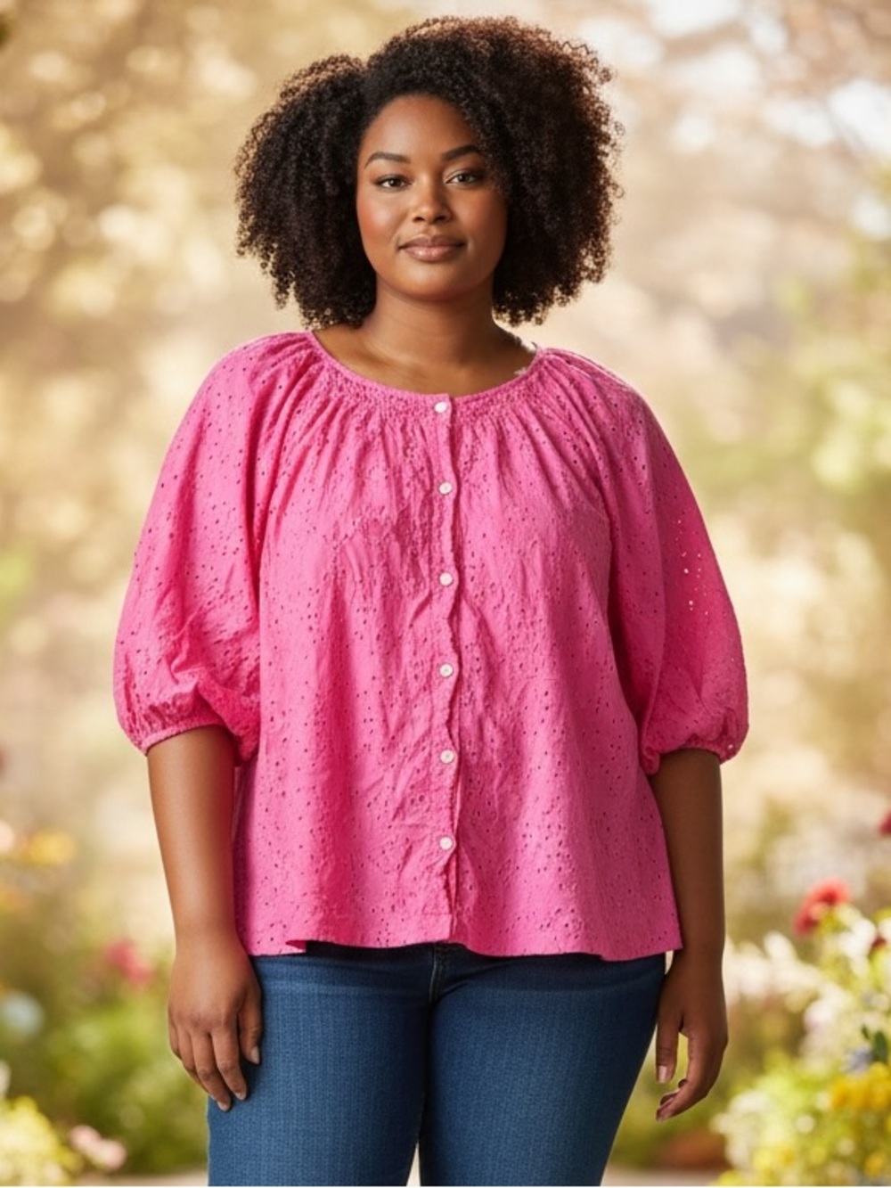 ON 34TH Pink Eyelet Cotton Puff Sleeve Button Up Blouse Top Women's Size 2XL